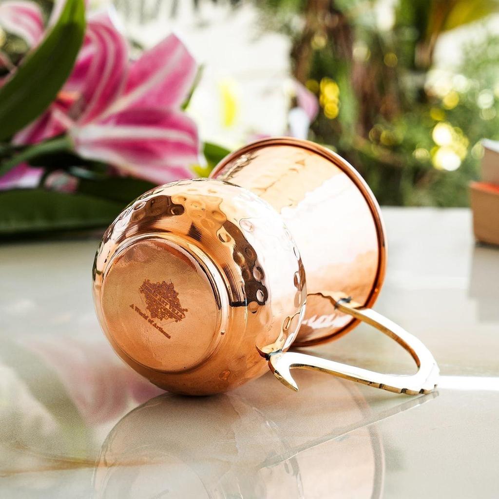 Pure Copper Mathat Shaped Hammered Design Moscow Mule Beer Mug Cup, Volume-400ML, Set of 4