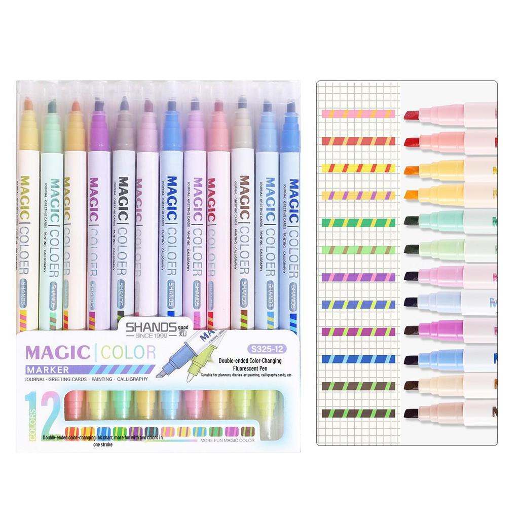 12-Color Double-Ended Magic Color-Changing Fluorescent Pens for Students - Ideal for Note-Taking, Drawing, and Doodling.