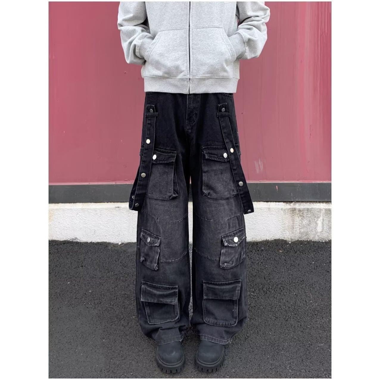 Джинсы мужские JYL Винтажные Темно-синие Карго Многокарманные Весенние Свободные Мешковатые Деним XXL