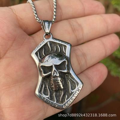 Halloween Totem Religieux Acier Inoxydable Homme Plaques, Pendentif Collier Tête de Mort Flamme Acier Titane