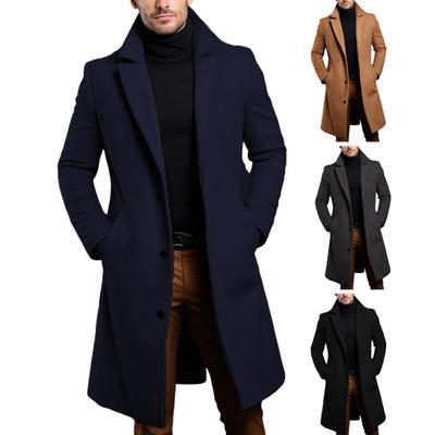 Men Solid Color Woolen Coat Autumn Winter Mid-Length Windbreaker with Pockets Lapel Long Sleeve Single Breasted Formal Outwear
