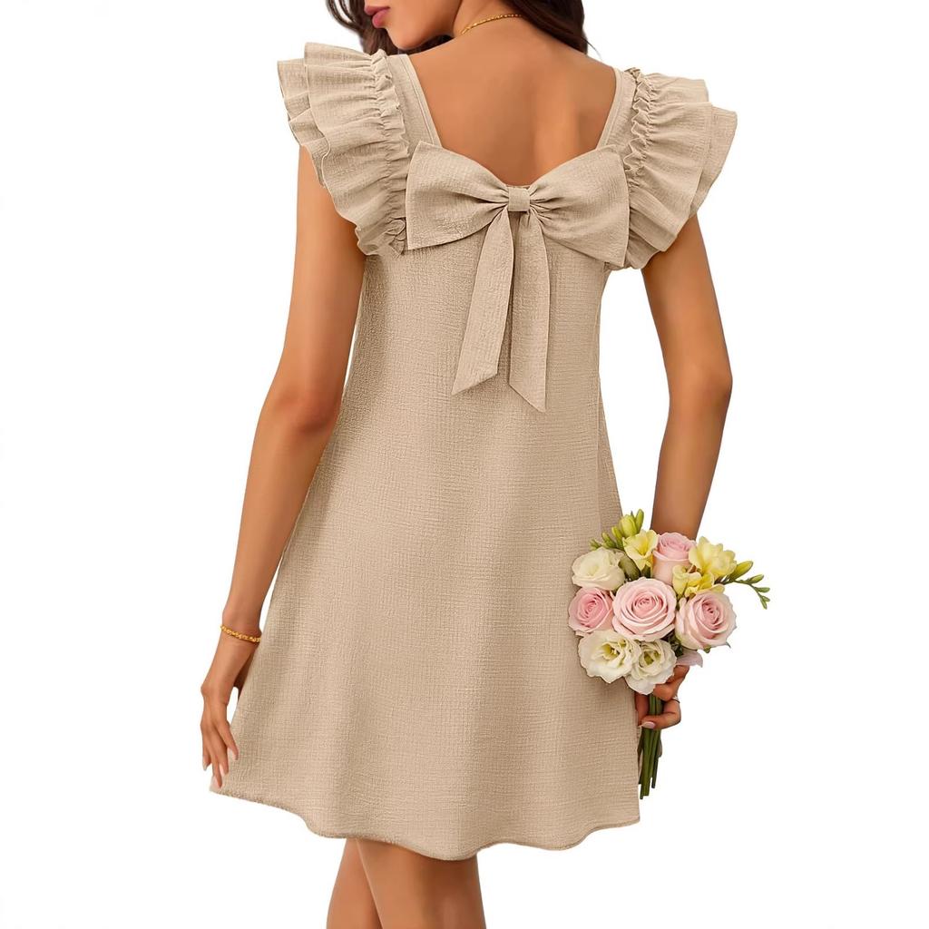 European and American TK spring and summer fashion double-layer lotus leaf sleeve back bow dress women