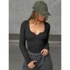 Women's Threaded U Neck Slim Solid Color Casual Long Sleeve Top