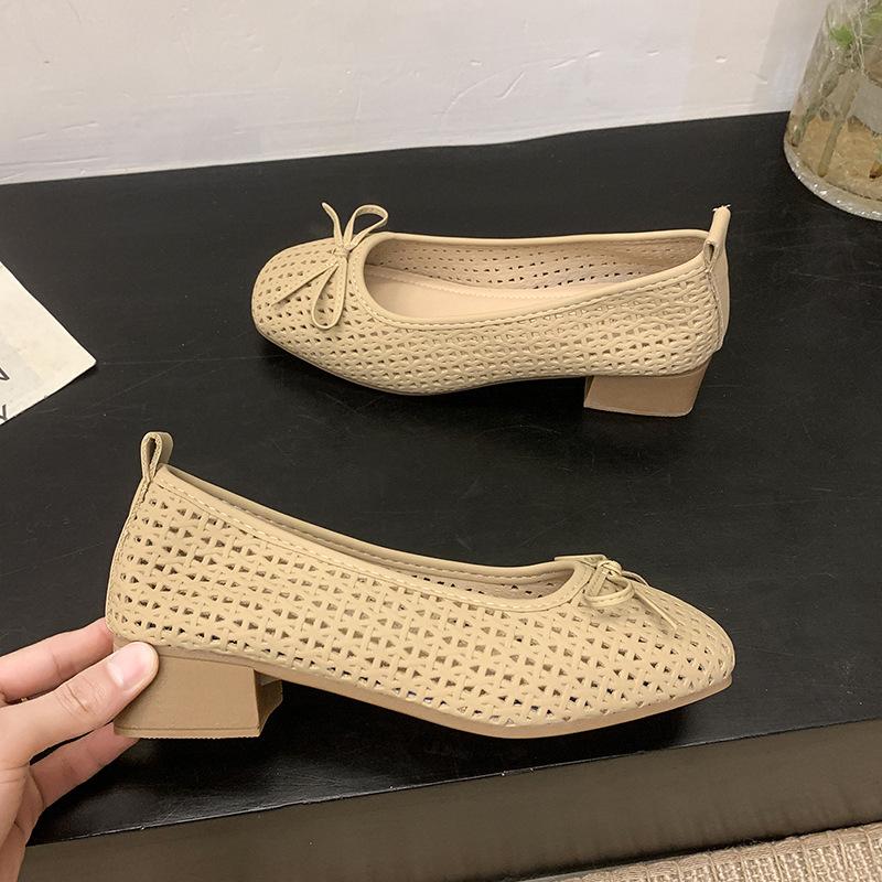 Square Head Gentle Temperament Mesh Women's Single Shoes 2025 Spring and Summer New Thin Shoes Medium Heel Shoes Square Head Commuting Single Shoes