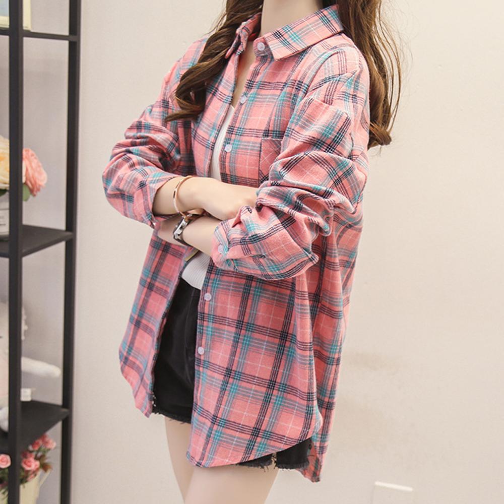 Women's Spring Autumn Large Size Long Sleeve Shirts Female Vintage Loose Plaid Coats Turn Down Collar Button Tops Blouses