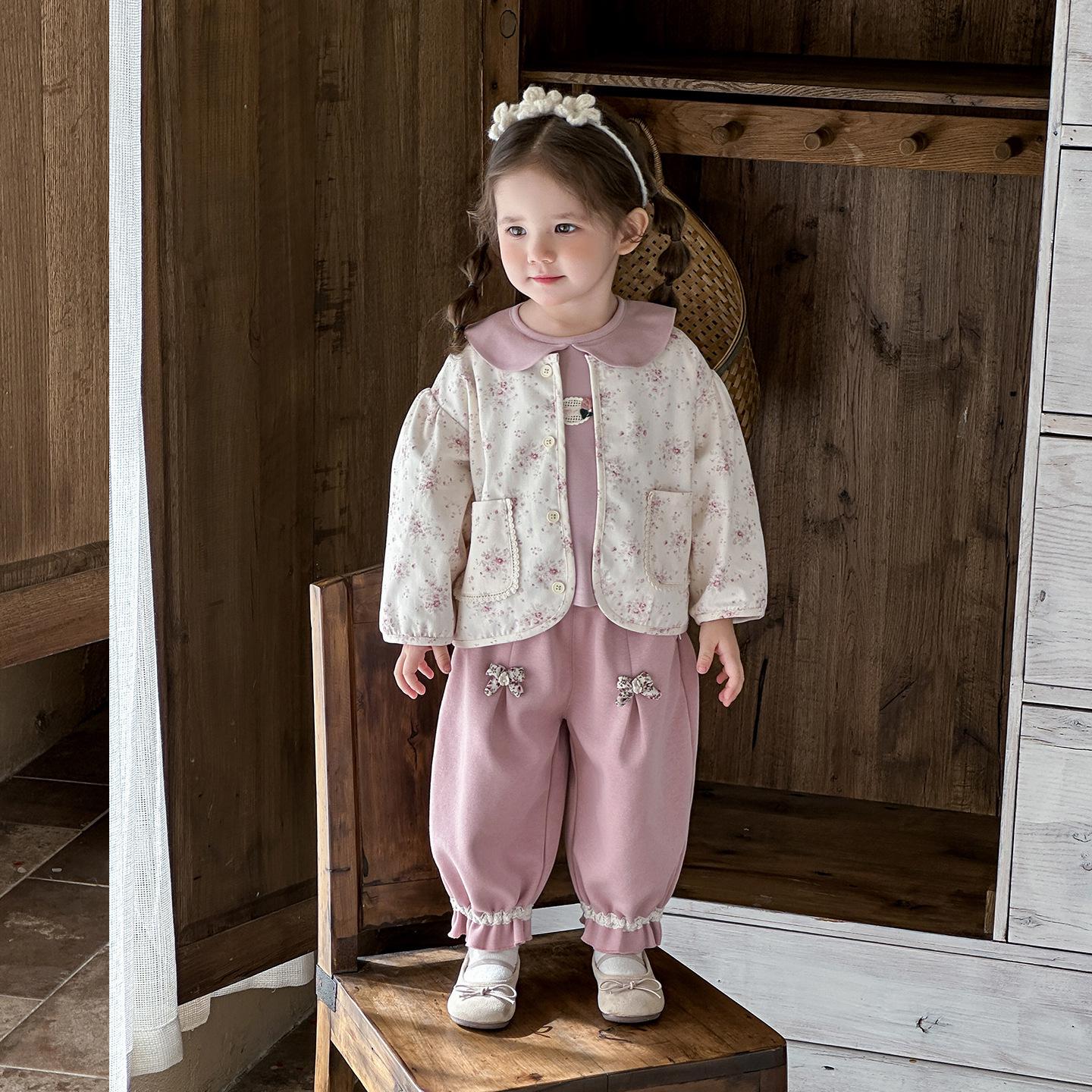 Spring 2026 Infant Girls  Knit Cardigan Set - Korean Style Long Sleeve Three-Piece 110 cm розовый