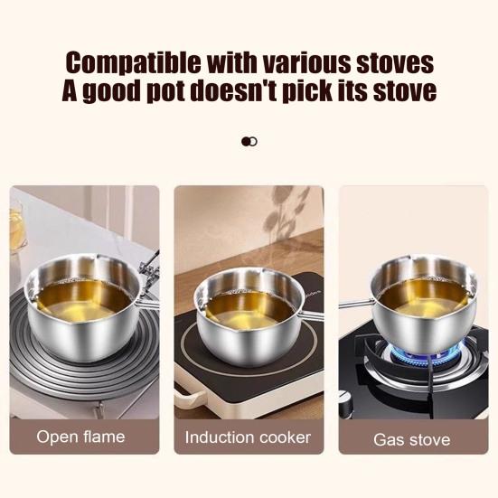 Oljetråg i rostfritt stål Dubbla hällpipar Handtag som inte blir varma Jämn värmefördelning Induktionshäll