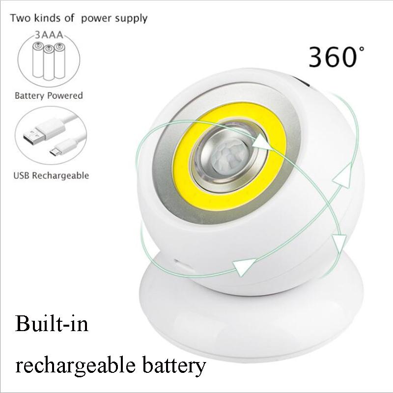 360° Rotating COB Ball Light PIR Motion Sensor LED Night Light USB/Battery Powered Magnet Wall Lamp for Bedroom Bathroom Kitchen
