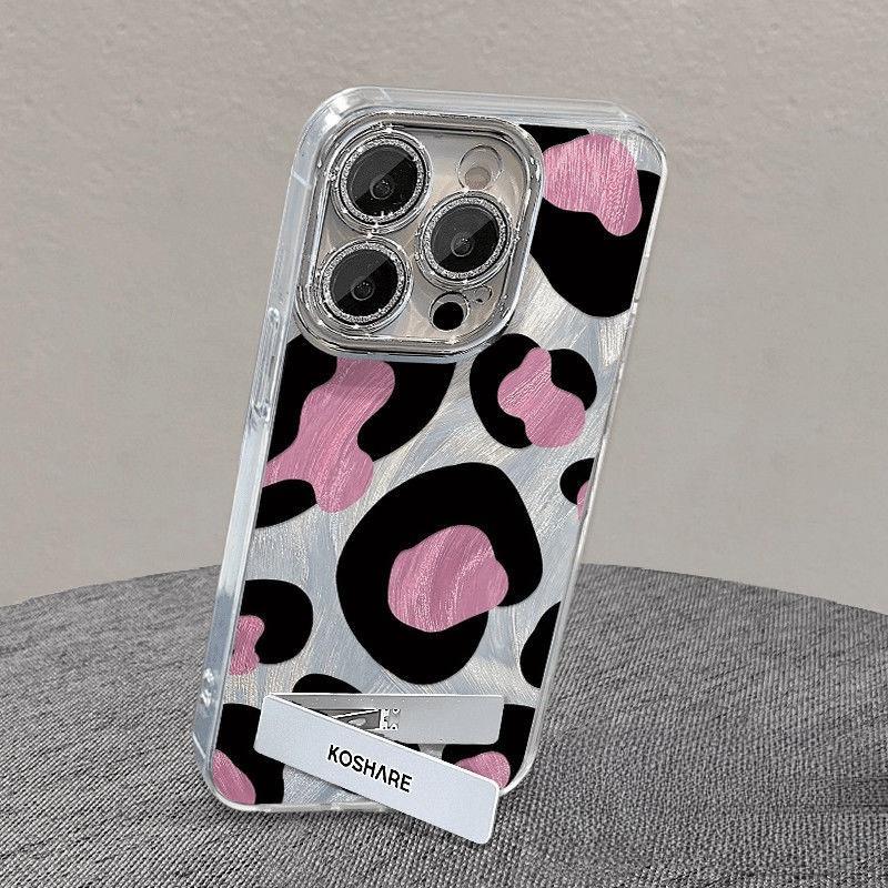 Niche Sweet Cool Black Pink Leopard Print Feather Yarn Suitable for Iphone16promax Mobile Phone Case Holder Apple 15 Protective Cover