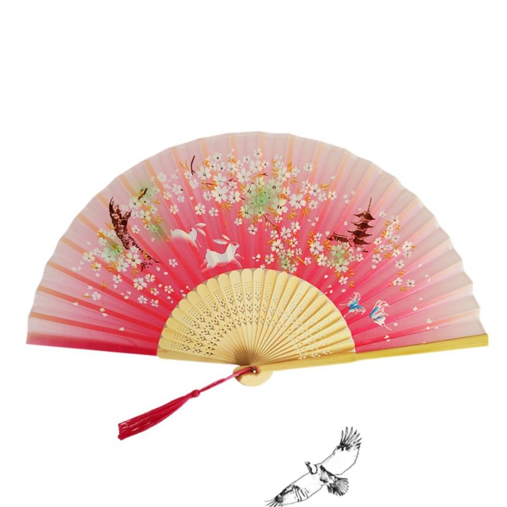 Flower Pattern Classical Folding Fan Tassel Cloth Art Chinese Style Fan Wooden handle Retro Classical Dancing Fan