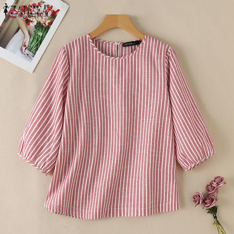 ZANZEA Womens Casual O-neck Loose Stripe 3/4 Sleeve Blouse