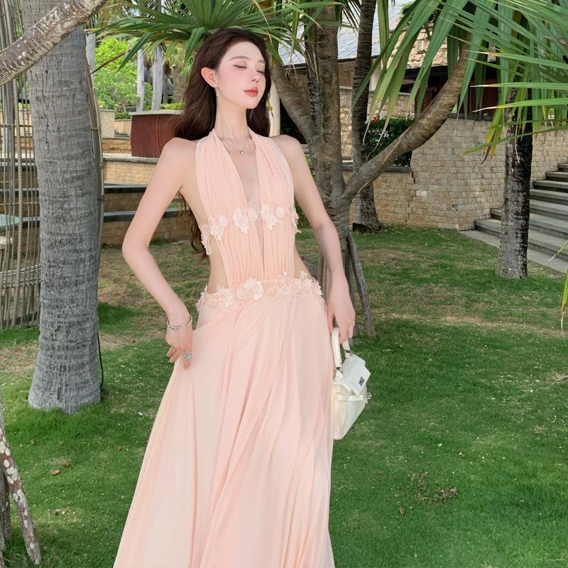 Reiseurlaub Spitze Spleißkleid Kleid Strand Hohl Ausschnitt Urlaubs kleid