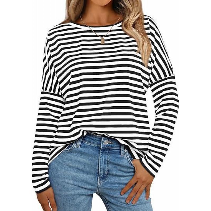 Womens Long Sleeve Crew Neck Striped Casual T-Shirt Loose Fit Cotton Blend Fall 2026
