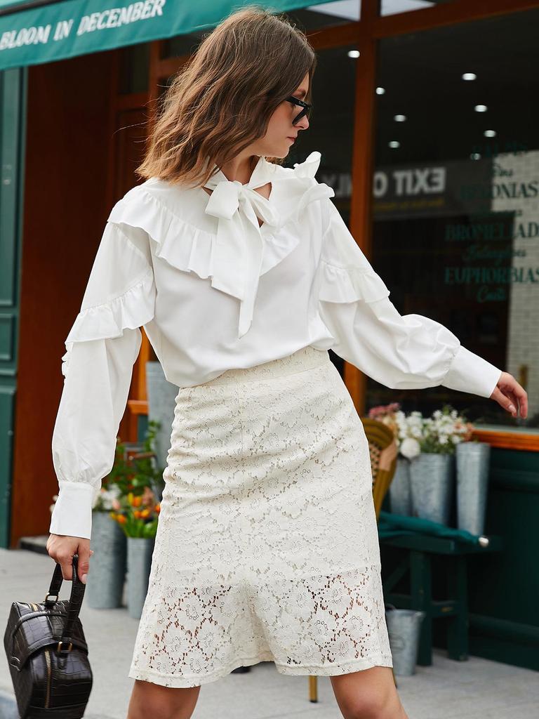 Trendy European & American Spring/Fall Women's Ruffle Collar Shirt