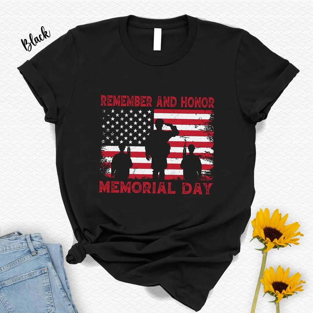 Memorial Day T-Shirt American Flag Remember Honor Patriotic USA Tee