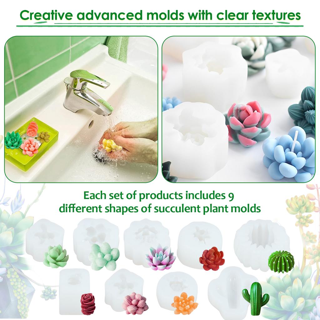 9Pcs Succulent Silicone Mold 3D Succulent Cactus Candle Molds Safe Cactus Flower Resin Mold for Scented Candles Soaps Making