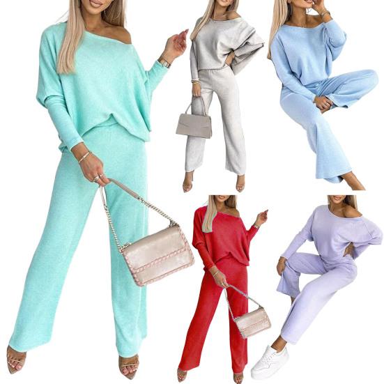 2 Pcs/Set Women Top Pants Set Round Neck Long Sleeves Sweatshirt Elastic Waist Wide Leg Sweatpants Sport Outfit Autumn Casual Tracksuit