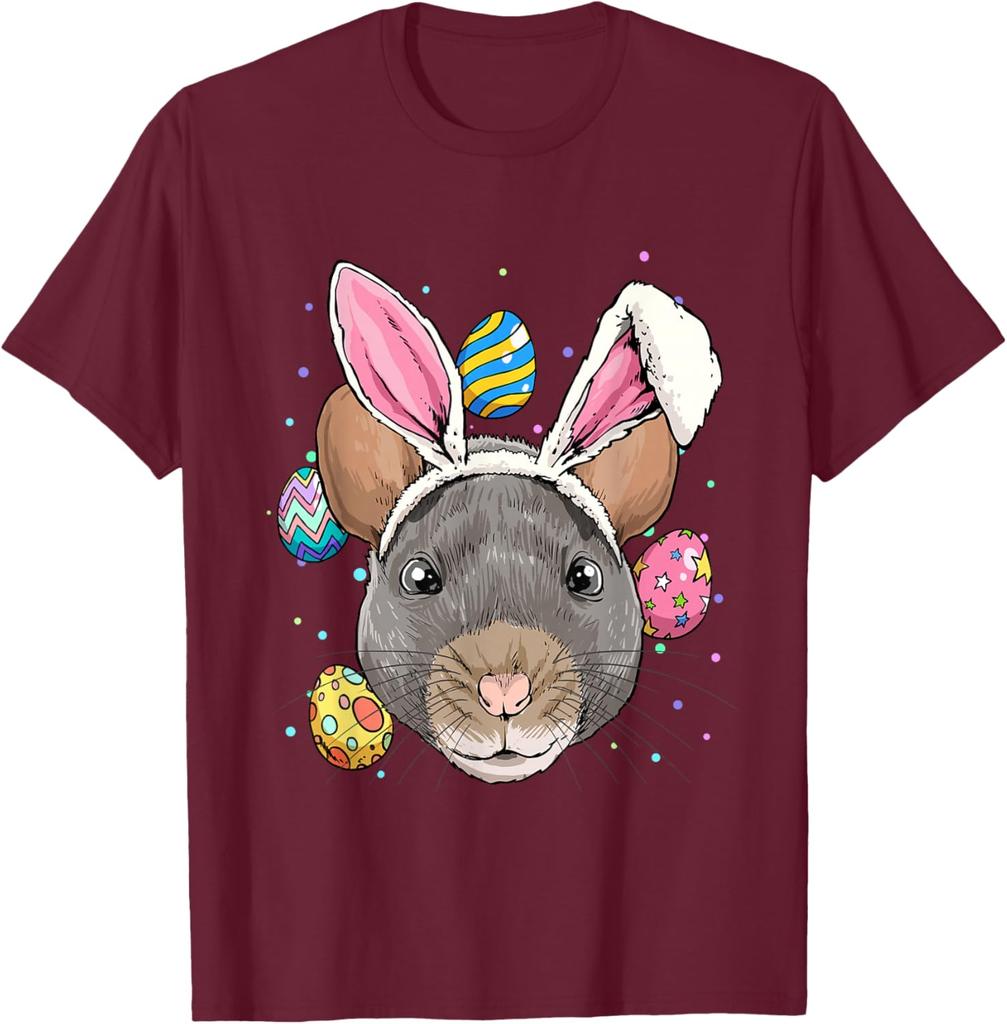 Rat Wearing Bunny Ears Easter Graphic Tee Funny Rodent Lover Casual T-Shirt