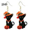 Whimsical Fall Theme Ear Hooks 1 Pair Halloween Black Cat Acrylic Earrings for Women, Cute Durable Vivid Print Pendant Jewelry with Wizard Hat