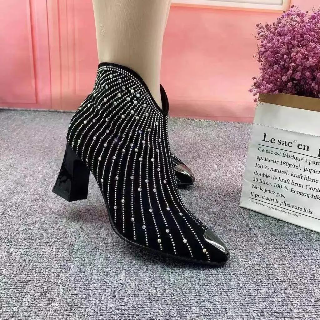 Fashionable Metal Sequin Pointed Toe High Heels Short Boots Elegant Autumn Winter New Arrival Low Heel Single Shoes Rubber