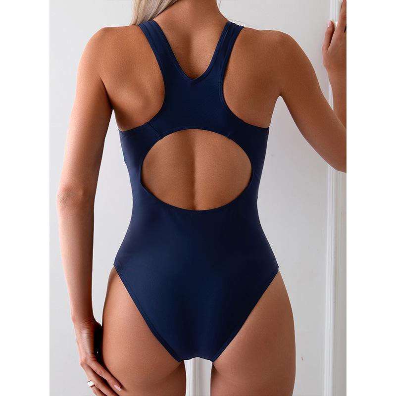 Fato de Banho Feminino 2024 Color Block de Uma Peça com Costas Vazadas