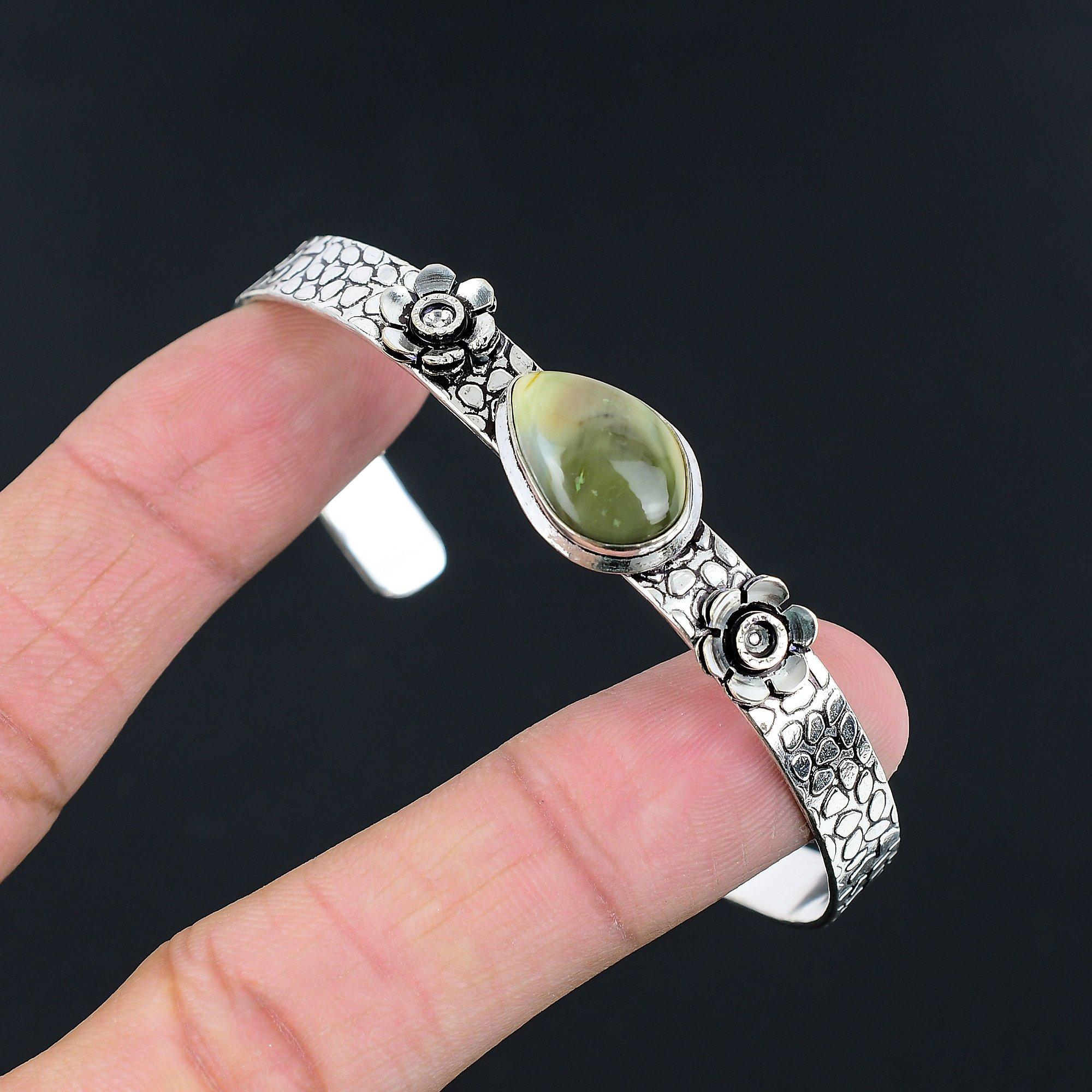 

Natural Imperial Jasper Gemstone Bangle Flower Green Adjustable 925 Silver Adjustable