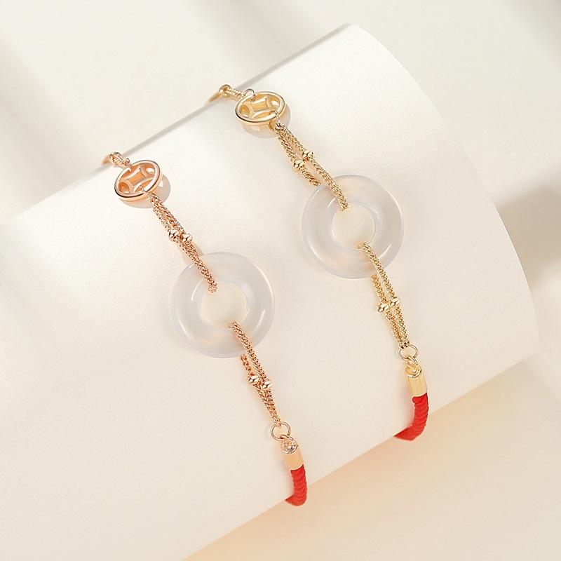 S925 srebro bransoletka z zapięciem zabezpieczającym kobieta Retro chiński szykowny wisiorek z chalcedonu rok życia czerwona lina lina na rękę geometryczna biżuteria ręczna