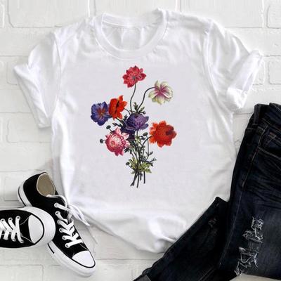 (Asian Size)Tee Top Fashion T Shirt Clothing Printing Lovely Sweet Flower Casual Short Sleeve Women Print Lady Female Graphic T-shirt
