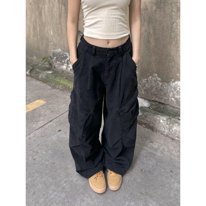 

Жіночі американські ретро штани-карго з широкими штанинами: Осінній хіп-хоп стиль, Довжина до підлоги, Багато кишень M чорний