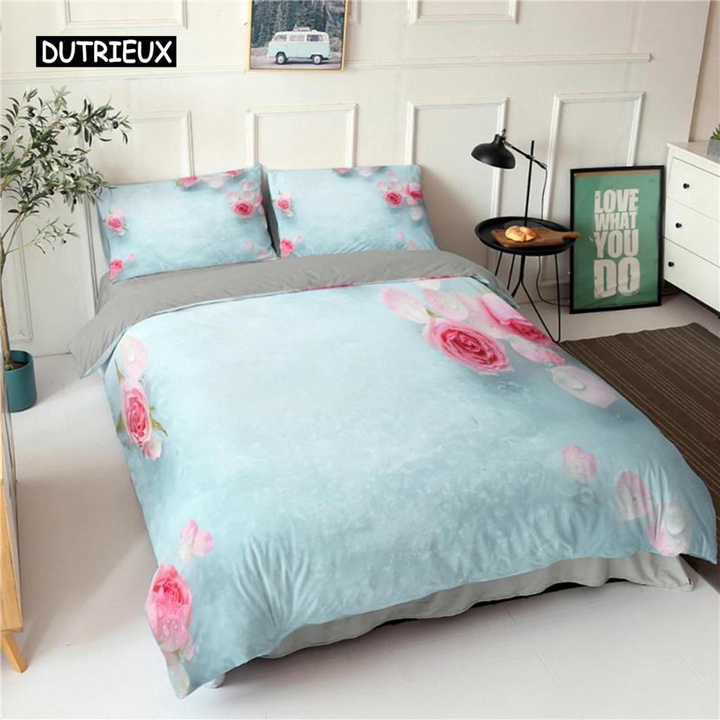 Red Rose Duvet Cover Set Queen Microfiber Floral Petals Botanical Twin Bedding Set Romantic Flowers Valentine's Day Quilt Cover