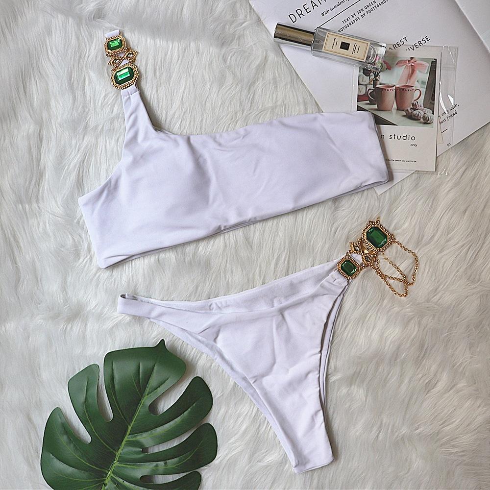 

Купальник Роскошная Хрустальная Бриллиантовая Цепочка Женский Купальник Однотонный На Одно Плечо Сексуальное Бикини S белый