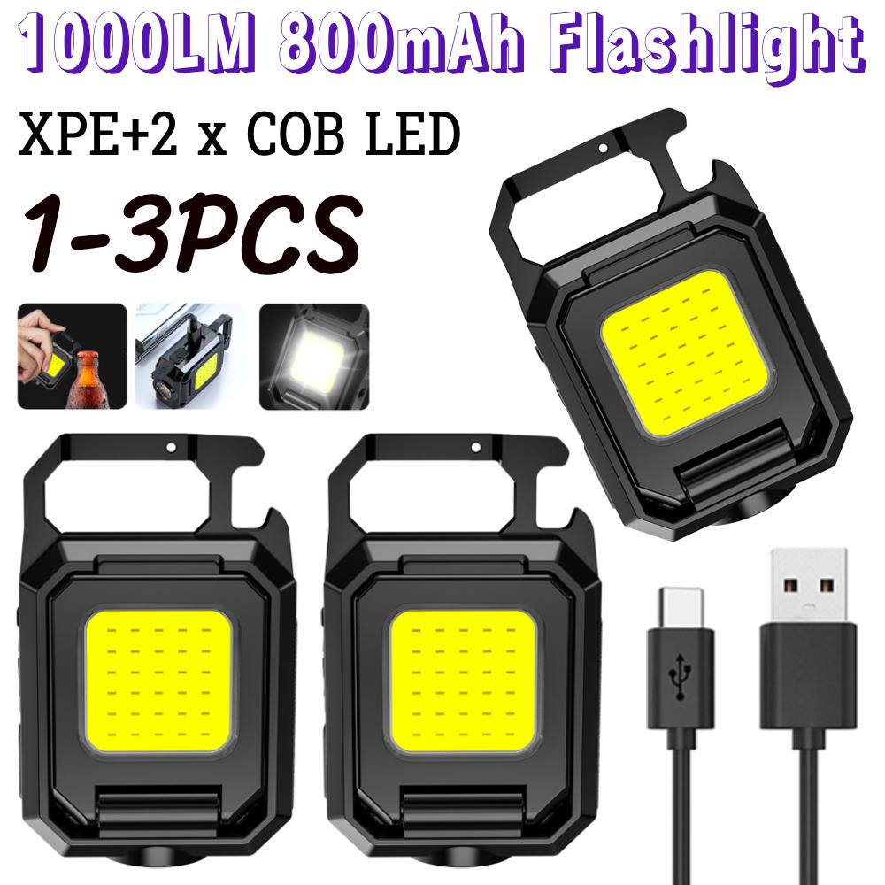 1-3PCS XPE Keychain Light 1000LM COB LED Pocket Work Light 800mAh Type-C USB Rechargeable IPX4 Waterproof for Outdoor Camping