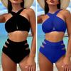European And American New Bikini Split 2-Piece Suit Sexy Backless Cross Belt Solid Color Swimsuit Women