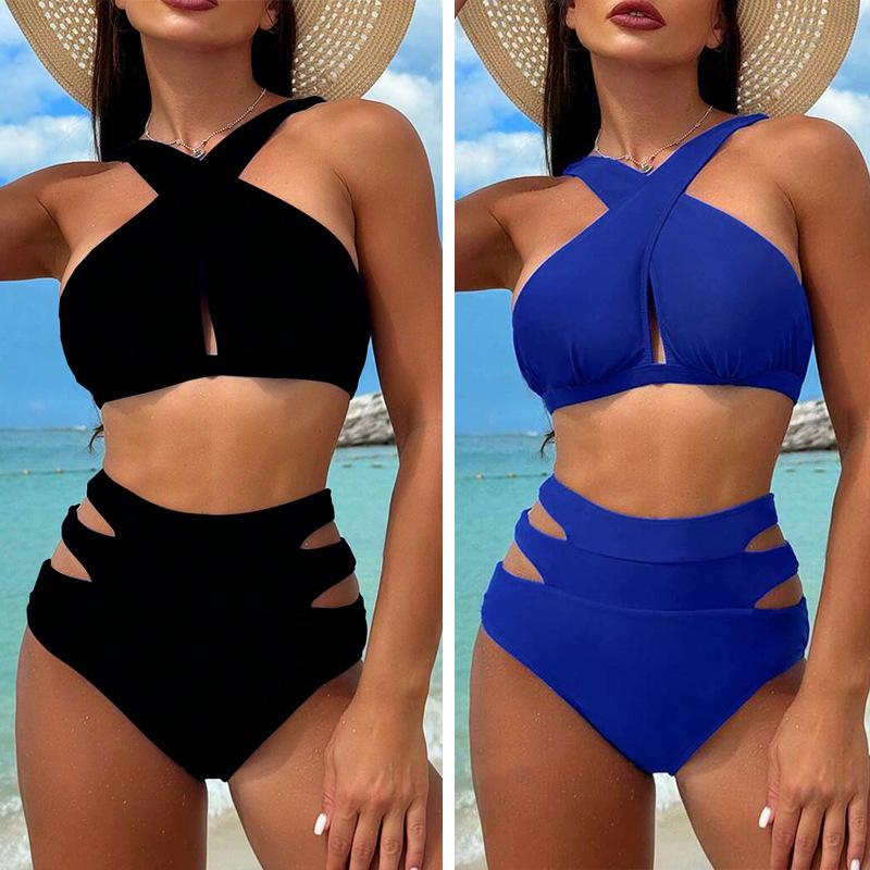 European And American New Bikini Split 2-Piece Suit Sexy Backless Cross Belt Solid Color Swimsuit Women