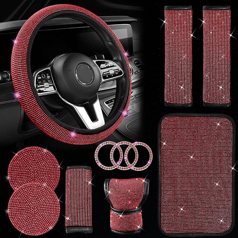 11 Pcs Bling Car Accessories Set,Bling Car Accessories Set For Women,Steering Wheel Cover For Women Universal Fit 15 Inch,Rhinestone Center Console