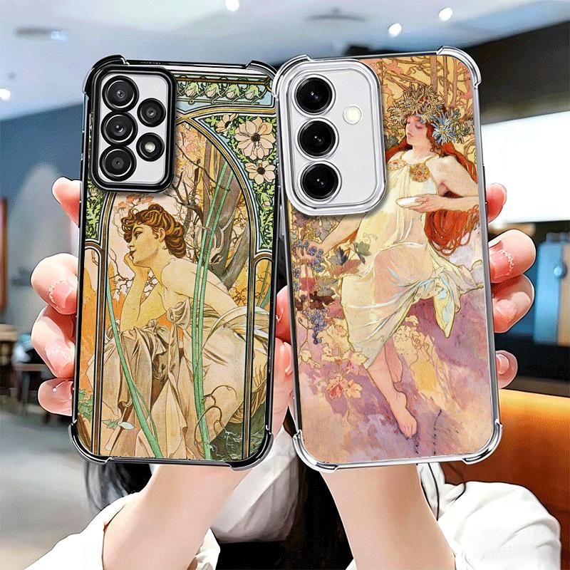 Vintage Alfons Mucha Primavera Plating Phone Case For Samsung A17 A07 A37 A57 A16 A56 A15 A55 A14 A54 A13 A53 A26 A36 A25 A35 A2