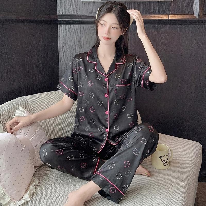 Sweet And Cool Girl Ice Silk Pajamas Women'S Summer Short-Sleeved Trousers Casual Lazy Style Loungewear Can Be Worn Outside