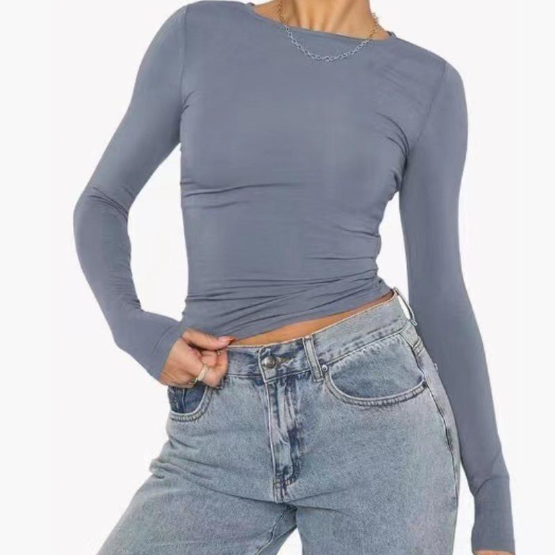 Women's Casual Long Sleeve T-Shirt Solid Color Slim-fit Pullover T-Shirt Women's Bottom Shirt Top
