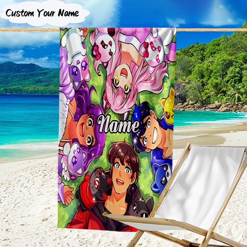 1PC Custom Name Beach Towel Fantasy Friends Aph-mau World Beach Towel, Suitable for Camping, Travel, Beach Accessories, Super Absorbent, Family Gift