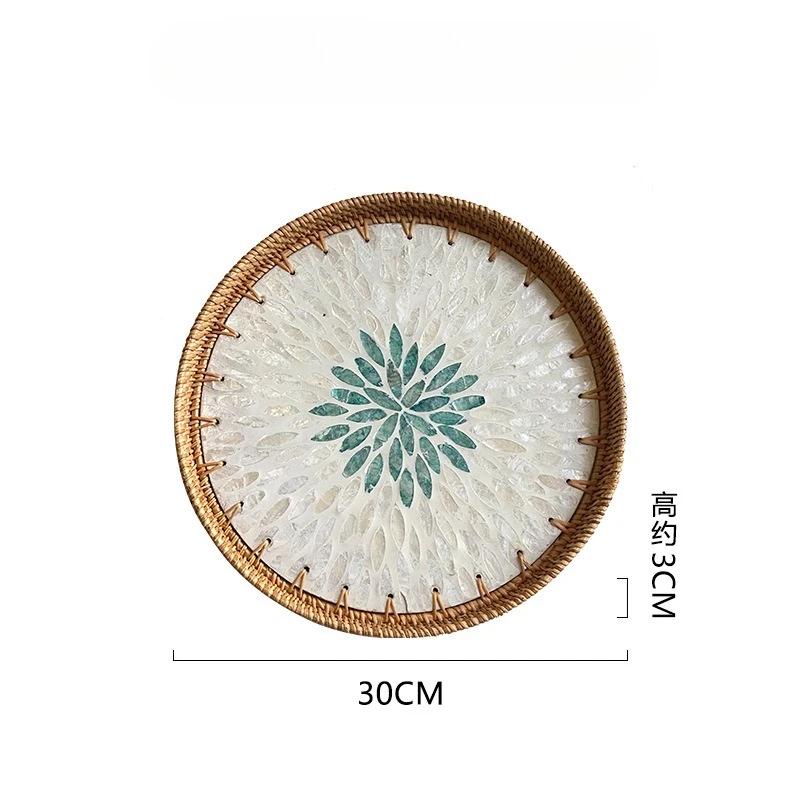 

Hand-woven Rattan Shells Colored Storage Tray 30-35cm Round Household Living Room Decoration Tray Fruit Basket Candy Snack Tray
