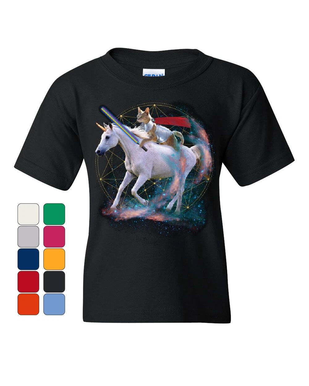 

Space Cat Riding a Unicorn with a Saber Youth kids boys T-Shirt Weird Universe Kids Tee 110