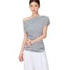 Unique design striped diagonal collar short sleeve women's summer new careful machine off-the-shoulder T-shirt South East Asia top
