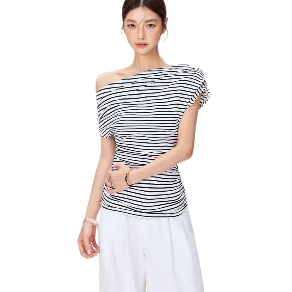 Unique design striped diagonal collar short sleeve women's summer new careful machine off-the-shoulder T-shirt South East Asia top