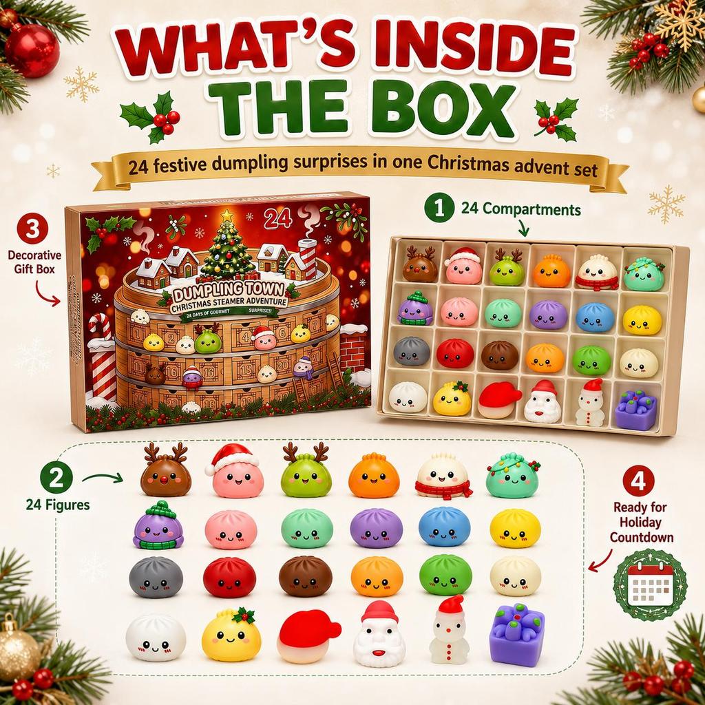Dumpling Squishy Advent Calendar – 24-Day Christmas Countdown with Mini Slow Rebound Squeeze Fidget Toys, Blind Box Surprise Gift for Kids