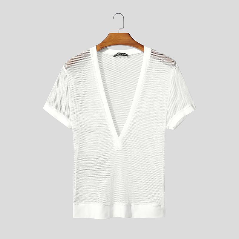 INCERUN Summer Men V Neck Short Sleeve Mesh See Through Hollow T-shirts Tops