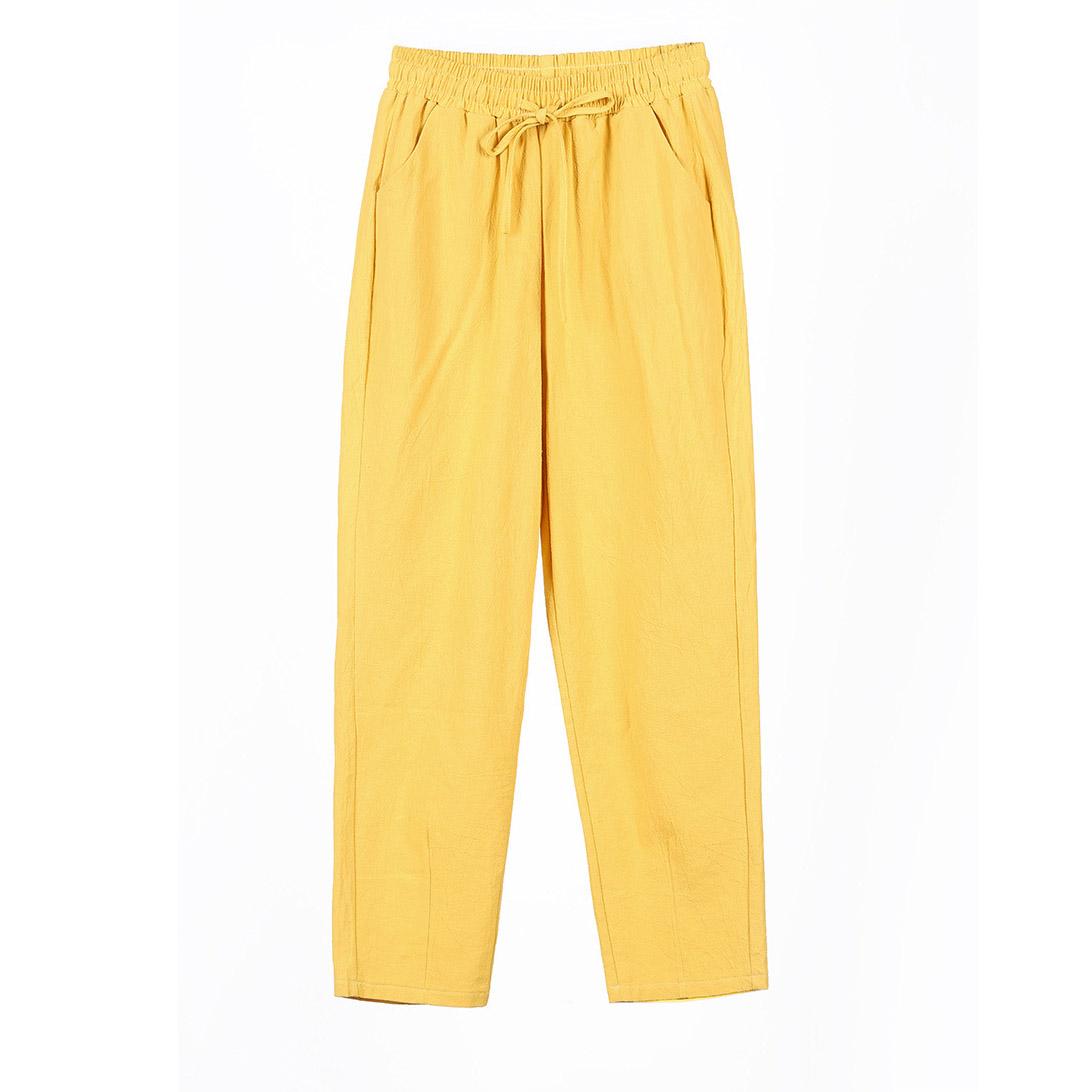 

2024 Women Elastic Waist Cotton Ankle Length Pants Spring Summer Solid Color Pocket Ladies Trousers