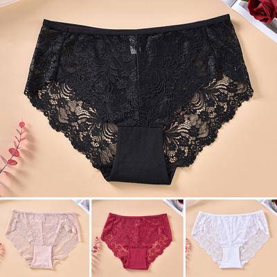 Women Plus Size Mid-rise Briefs Cotton Crotch See-through Hollow Out Embroidery Lace Hip Lifting Thin Panties