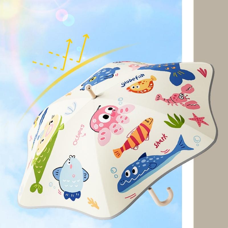 Safety Kids Umbrella With Reflective Strip Cute Rounded Corner Umbrellas With Funny Wheel UPF50+ Anti-UV Sun Rain Parasol