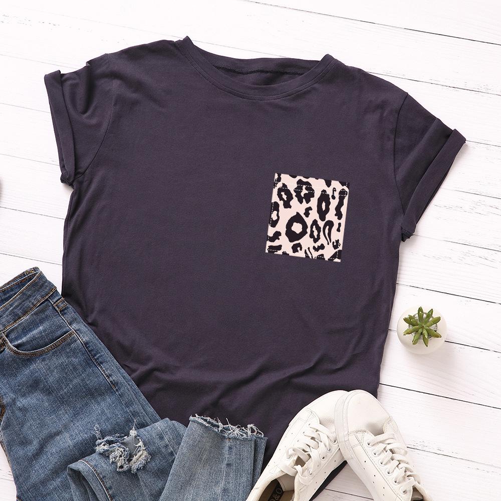Creative Leopard Print Chest Flower Fake Pocket Cotton T-Shirt Short Sleeve Round Neck Women 2d Print Tops