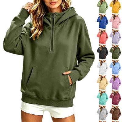 Damen Pullover Sweatshirt mit Kapuze, halber Reißverschluss, lockere Passform, Langarm
